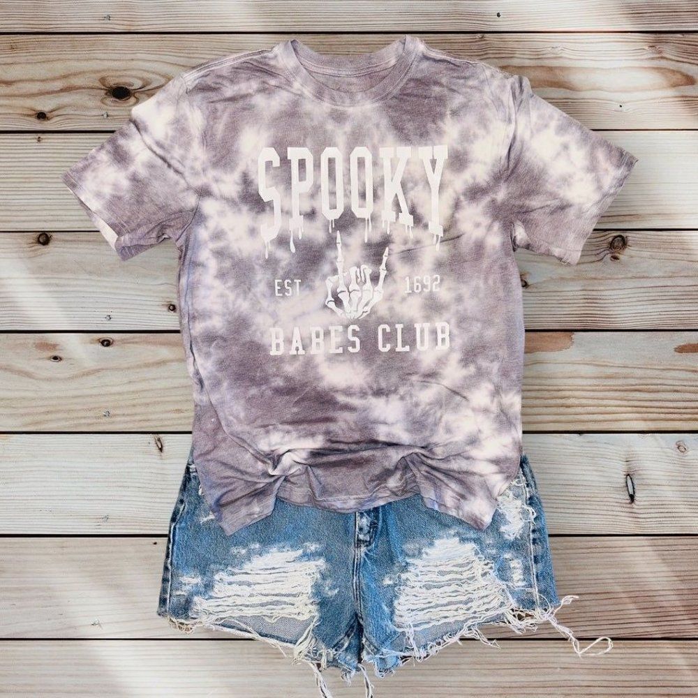 Spooky Babes Club Skull Bone Hand Halloween Shirt Top Womens Medium Tie Dye